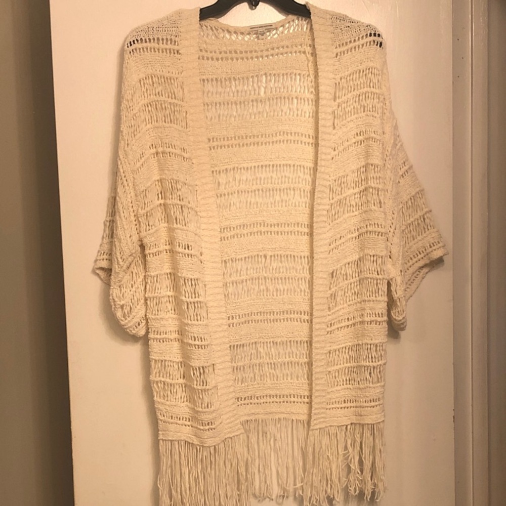 American Eagle Boho Open-Knit Fringe Sweater Cardigan - Cream XL